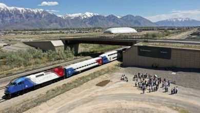 People gather for a groundbreaking ceremony for a new FrontRunner station in Vineyard on May 13. Utah Transit Authority officials say they are pouring concrete and adding a rail switch to the new site over the next week.