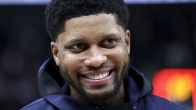 Utah Jazz forward Rudy Gay (8) smiles after the game against Toronto at Vivint Arena in Salt Lake City on Thursday, Nov. 18, 2021. Rudy Gay hit five 3-pointers and scored 20 points in his season debut.