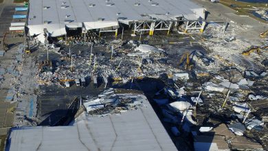 The site of a roof collapse at an Amazon.com distribution centre a day after a series of tornadoes dealt a blow to several U.S. states, in Edwardsville, Illinois, U.S. December 11, 2021.  REUTERS/Drone Base