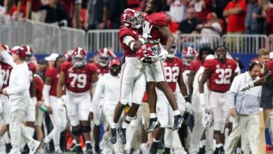 Alabama Crimson Tide defensive back Jordan Battle (9) celebrates with tight end Jahleel Billingsley (19) after an interception return for a touchdown against the Georgia Bulldogs in the second half during the SEC championship game.
