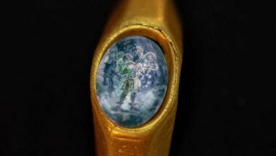 A gold ring carrying a green stone engraved with the figure of the Good Shepherd, one of the earliest expressions to refer to Jesus, is displayed at the Israeli Antiquities Authority lab in Jerusalem on December 22, 2021.