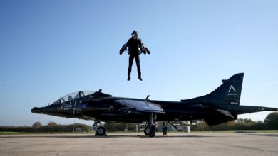 Richard Browning, Chief Test Pilot and CEO of Gravity Industries, wears a Jet Suit and flies during a demonstration flight at Bentwaters Park, Woodbridge, Britain, Oct. 4, 2018.