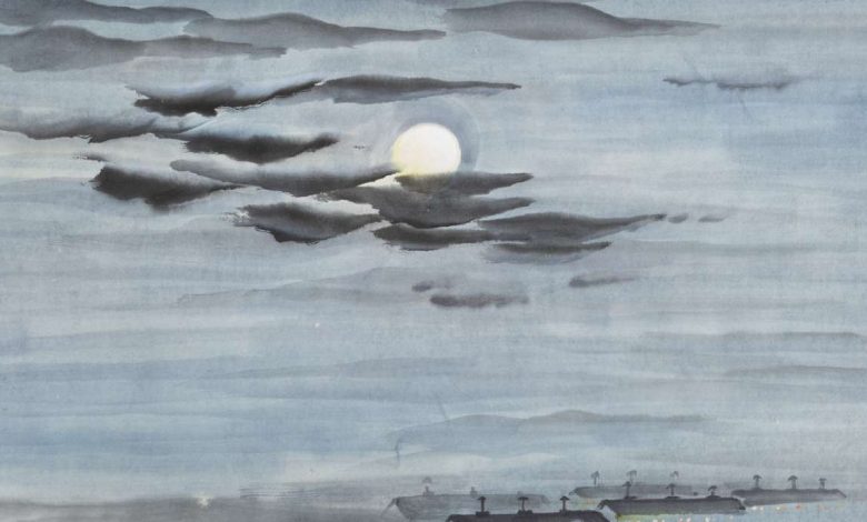 Chiura Obata, "Topaz War Relocation Center by Moonlight," 1943, watercolor, gift of the Estate of Chiura Obata, from the Permanent Collection of the Utah Museum of Fine Arts.