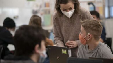 Eighth grade students and their teacher wear masks during class at Mount Jordan Middle School in Sandy on Jan. 10. The Utah House will likely hold off on Wednesday from discussing a joint resolution to overturn mask mandates in Salt Lake and Summit counties.