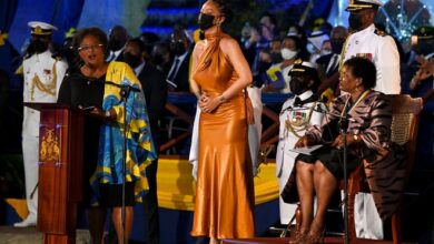 Prime Minister of Barbados Mia Mottley (left) and President of Barbados, Dame Sandra Mason (right) honor Rihanna as a national hero during the presidential inauguration ceremony at Heroes Square on Nov. 30, 2021 in Bridgetown, Barbados.