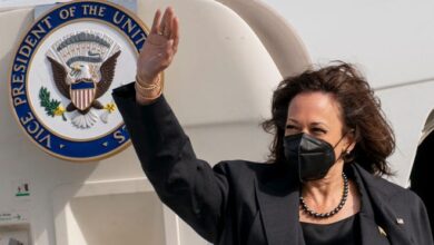 Vice President Kamala Harris boards her plane to Washington from the Munich International Airport on Feb. 20, 2022, after attending the Munich Security Conference.