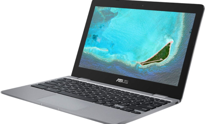 an asus chromebook facing from right