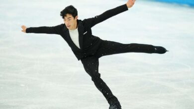 Nathan Chen of the United States performs during the Olympic men's short program at the Capital Indoor Stadium in Beijing, China, Feb. 8, 2022.