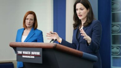 Anne Neuberger, Deputy National Security Advisor for Cyber and Emerging Technology, speaks alongside White House press secretary Jen Psaki during a press briefing at the White House, Monday, March 21, 2022, in Washington.