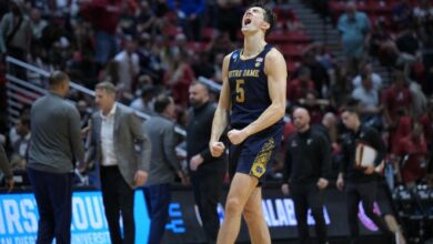 Notre Dame guard Cormac Ryan celebrates after the Fighting Irish defeated Alabama during the first round of the men's NCAA Tournament at Viejas Arena.