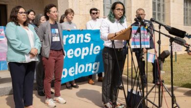 Adri Perez, ACLU of Texas Policy and Advocacy Strategist, speaks at a rally in support of transgender children and their families at the Heman Marion Sweatt Travis County Courthouse on March 2, 2022.