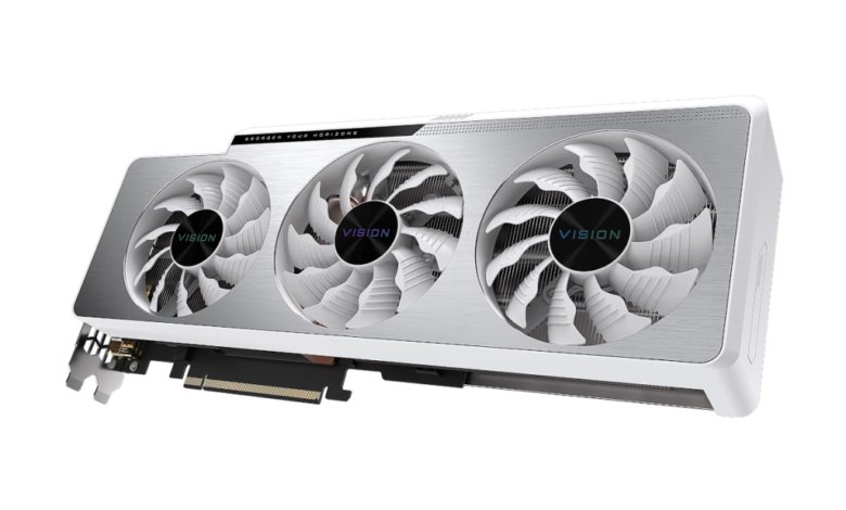 a silver graphics card with three fans.