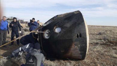 The Russian Soyuz MS-19 space capsule lies on the ground shortly after the landing southeast of the Kazakh town of Zhezkazgan, Kazakhstan, Wednesday. It landed upright in the steppes of Kazakhstan on Wednesday with NASA astronaut Mark Vande Hei, Russian Roscosmos cosmonauts Anton Shkaplerov and Pyotr Dubrov.